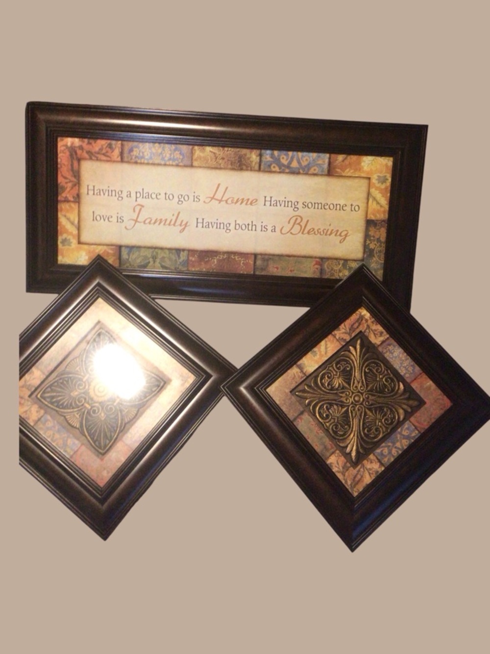 Lovely wall grouping,  framed print with two accent framed accent pics.